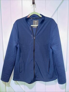 Under Armour Women’s Large Blue Zip Jacket Ribbed Sleeve Athletic Golf